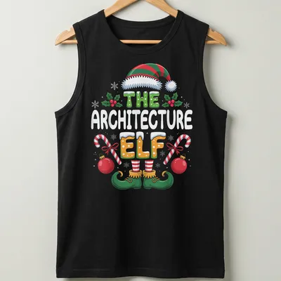 Colorful cartoon elf with tools and text 'THE ARCHITECTURE ELF' — printed on a tank top