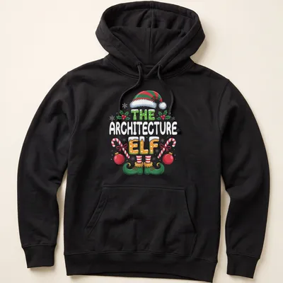 Colorful cartoon elf with tools and text 'THE ARCHITECTURE ELF' — printed on a unisex hoodie