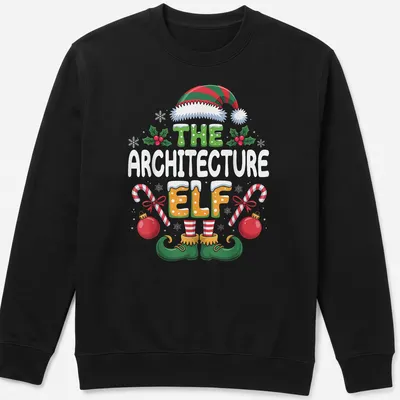 Colorful cartoon elf with tools and text 'THE ARCHITECTURE ELF' — printed on a unisex sweatshirt