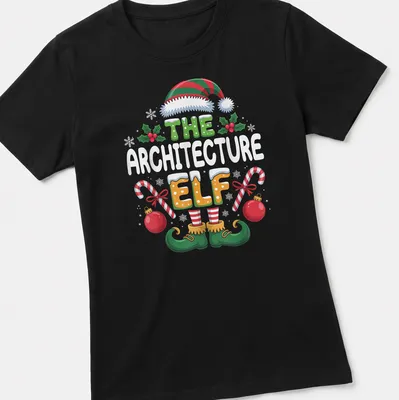 Colorful cartoon elf with tools and text 'THE ARCHITECTURE ELF' — printed on a women's shirt