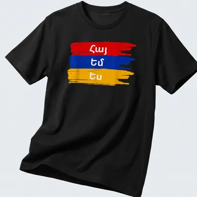 Bold Brush Stroke Armenian Pride T-shirt with text in red, blue, and yellow