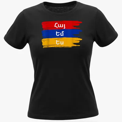 Bold Brush Stroke Armenian Pride T-shirt with text in red, blue, and yellow — printed on a women's shirt