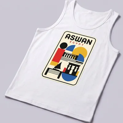 Bauhaus geometric Aswan skyline t-shirt with colorful lettering — printed on a tank top