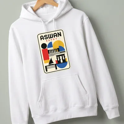 Bauhaus geometric Aswan skyline t-shirt with colorful lettering — printed on a unisex hoodie