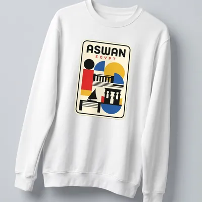 Bauhaus geometric Aswan skyline t-shirt with colorful lettering — printed on a unisex sweatshirt