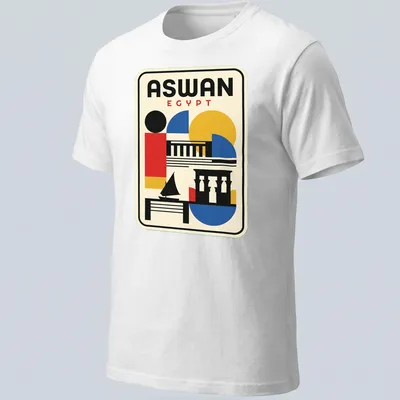 Bauhaus geometric Aswan skyline t-shirt with colorful lettering