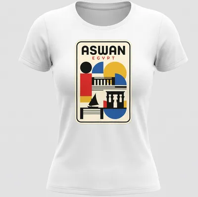 Bauhaus geometric Aswan skyline t-shirt with colorful lettering — printed on a women's shirt
