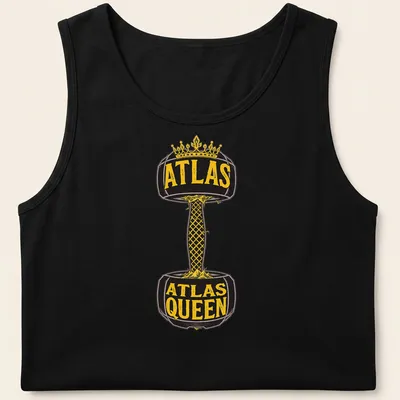 Bold vintage fitness t-shirt featuring dumbbell and Atlas Queen text in black and gold — printed on a tank top