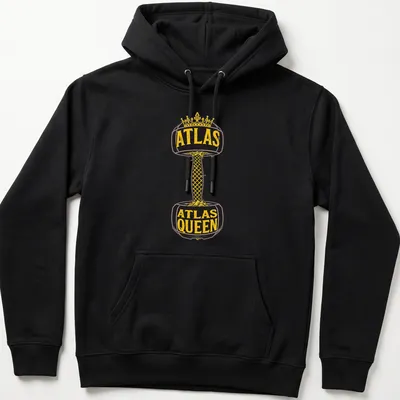 Bold vintage fitness t-shirt featuring dumbbell and Atlas Queen text in black and gold — printed on a unisex hoodie