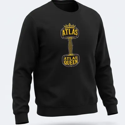 Bold vintage fitness t-shirt featuring dumbbell and Atlas Queen text in black and gold — printed on a unisex sweatshirt