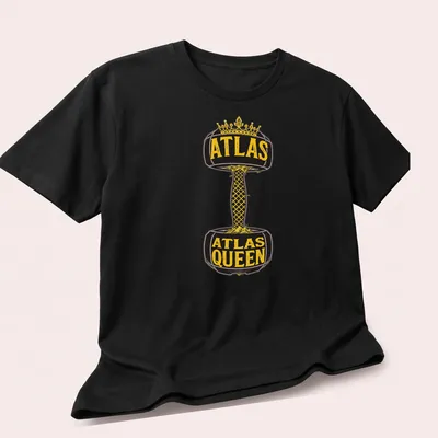 Bold vintage fitness t-shirt featuring dumbbell and Atlas Queen text in black and gold — printed on a unisex t-shirt (angled view)