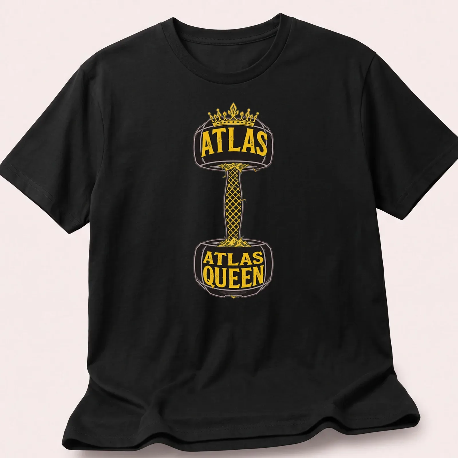 Bold vintage fitness t-shirt featuring dumbbell and Atlas Queen text in black and gold — printed on a unisex t-shirt