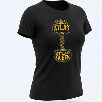 Bold vintage fitness t-shirt featuring dumbbell and Atlas Queen text in black and gold — printed on a women's shirt