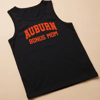 Bold collegiate Auburn Bonus Mom shirt in vibrant orange — printed on a tank top
