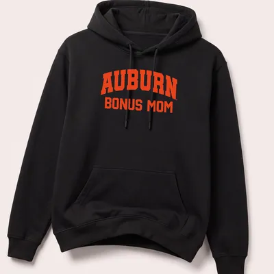 Bold collegiate Auburn Bonus Mom shirt in vibrant orange — printed on a unisex hoodie