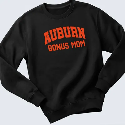 Bold collegiate Auburn Bonus Mom shirt in vibrant orange — printed on a unisex sweatshirt