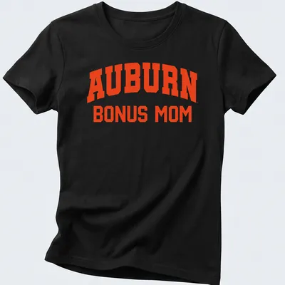 Bold collegiate Auburn Bonus Mom shirt in vibrant orange — printed on a women's shirt