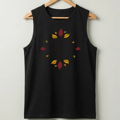 Whimsical autumn leaves with the text 'I WILL BE GRATEFUL FOR THIS DAY' — printed on a tank top