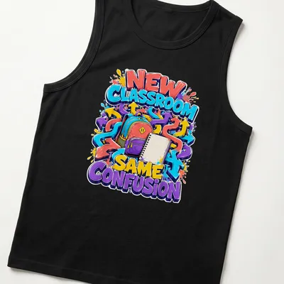 Colorful graffiti t-shirt featuring a backpack and notebook with the text NEW CLASSROOM SAME CONFUSION — printed on a tank top