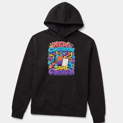 Colorful graffiti t-shirt featuring a backpack and notebook with the text NEW CLASSROOM SAME CONFUSION — printed on a unisex hoodie