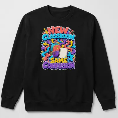 Colorful graffiti t-shirt featuring a backpack and notebook with the text NEW CLASSROOM SAME CONFUSION — printed on a unisex sweatshirt