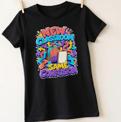 Colorful graffiti t-shirt featuring a backpack and notebook with the text NEW CLASSROOM SAME CONFUSION — printed on a women's shirt