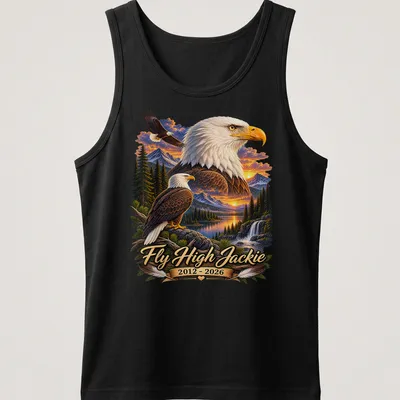 Realistic print of a Bald Eagle with text honoring Jackie 2012-2026 — printed on a tank top
