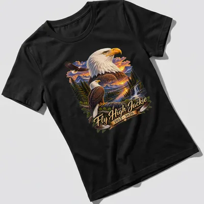 Realistic print of a Bald Eagle with text honoring Jackie 2012-2026 — printed on a women's shirt