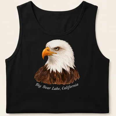 Realistic print of a Bald Eagle flying with text about Big Bear Lake, California — printed on a tank top