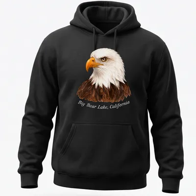 Realistic print of a Bald Eagle flying with text about Big Bear Lake, California — printed on a unisex hoodie