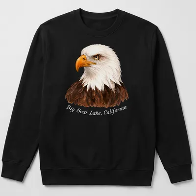 Realistic print of a Bald Eagle flying with text about Big Bear Lake, California — printed on a unisex sweatshirt