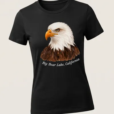Realistic print of a Bald Eagle flying with text about Big Bear Lake, California — printed on a women's shirt