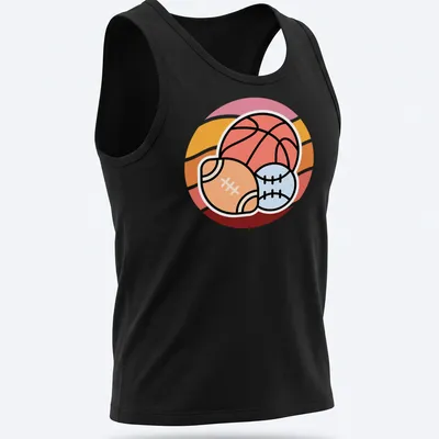 Kawaii line-art sports balls: basketball, football, and baseball with cute faces — printed on a tank top