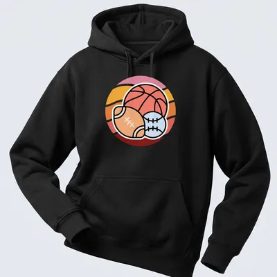 Kawaii line-art sports balls: basketball, football, and baseball with cute faces — printed on a unisex hoodie