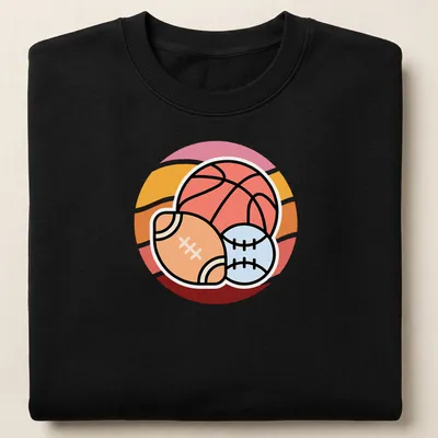 Kawaii line-art sports balls: basketball, football, and baseball with cute faces — printed on a unisex sweatshirt