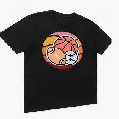 Kawaii line-art sports balls: basketball, football, and baseball with cute faces — printed on a unisex t-shirt (angled view)