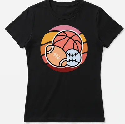 Kawaii line-art sports balls: basketball, football, and baseball with cute faces — printed on a women's shirt