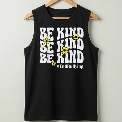 Bold typography t-shirt featuring yellow flowers and the phrase Be Kind #EndBullying — printed on a tank top