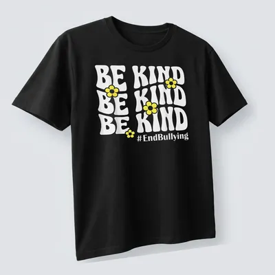 Bold typography t-shirt featuring yellow flowers and the phrase Be Kind #EndBullying — printed on a unisex t-shirt (angled view)