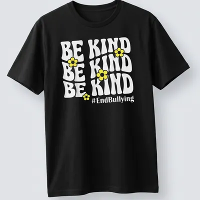 Bold typography t-shirt featuring yellow flowers and the phrase Be Kind #EndBullying