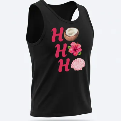 Watercolor print of HO HO HO with coconut, hibiscus flower, and seashell — printed on a tank top