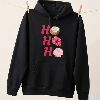 Watercolor print of HO HO HO with coconut, hibiscus flower, and seashell — printed on a unisex hoodie