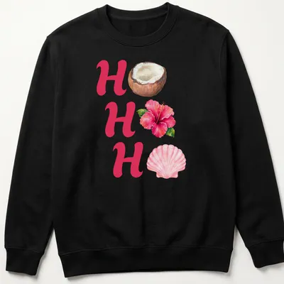 Watercolor print of HO HO HO with coconut, hibiscus flower, and seashell — printed on a unisex sweatshirt
