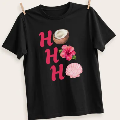 Watercolor print of HO HO HO with coconut, hibiscus flower, and seashell