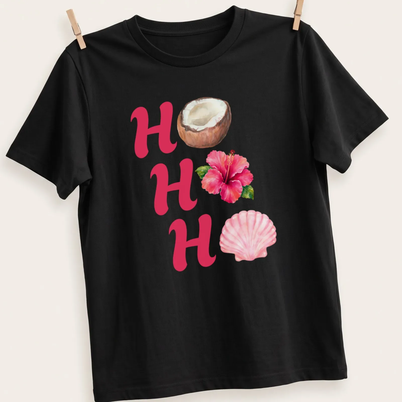 Watercolor print of HO HO HO with coconut, hibiscus flower, and seashell — printed on a unisex t-shirt
