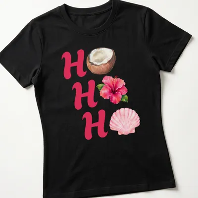 Watercolor print of HO HO HO with coconut, hibiscus flower, and seashell — printed on a women's shirt