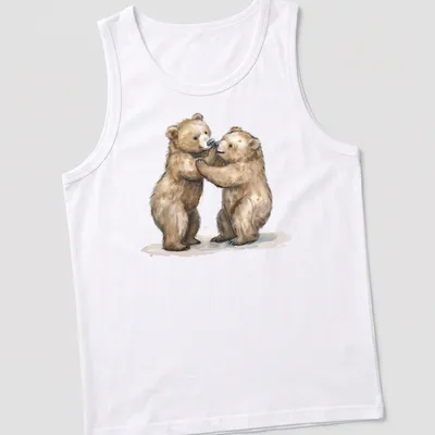 Watercolor print of a cute bear cub in brown, beige, and cream tones — printed on a tank top
