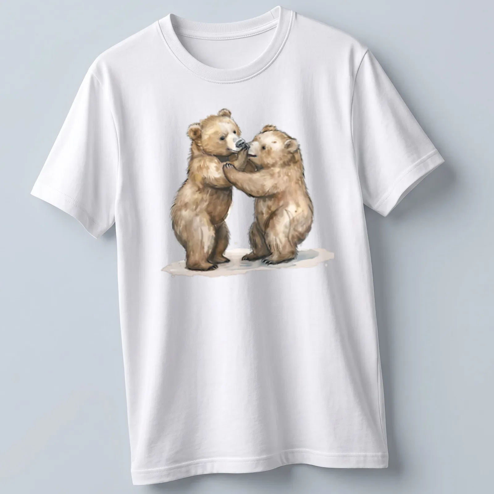 Watercolor print of a cute bear cub in brown, beige, and cream tones — printed on a unisex t-shirt