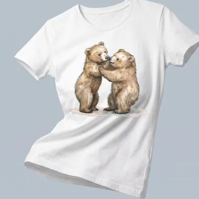 Watercolor print of a cute bear cub in brown, beige, and cream tones — printed on a women's shirt