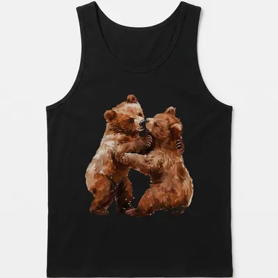 Watercolor illustration of two bear cubs in brown, cream, and tan shades — printed on a tank top